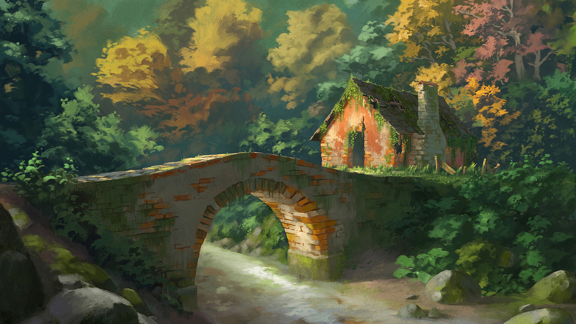 森林小溪桥小房屋油画风景壁纸